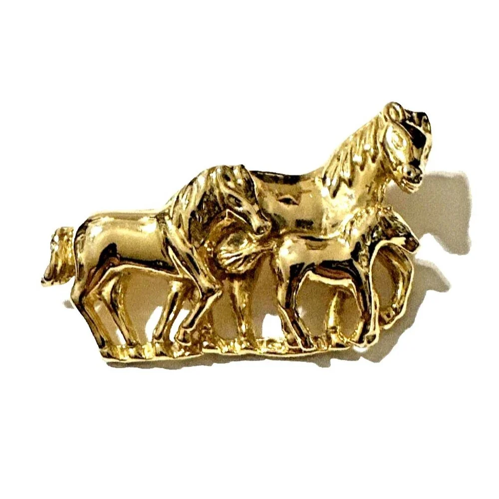 Vintage Horse Family Brooch Glossy Gold Tone Equestrian Statement Pin 2 1/2